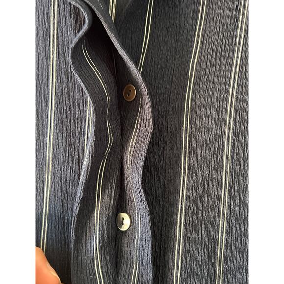 Chico’s Travlers Blouse Tunic Women’s 1(8/10) Navy Blue Strip Collard Button - Picture 6 of 8